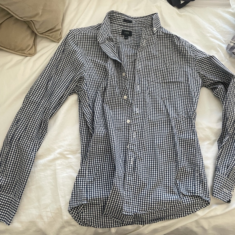 J crew navy check button down